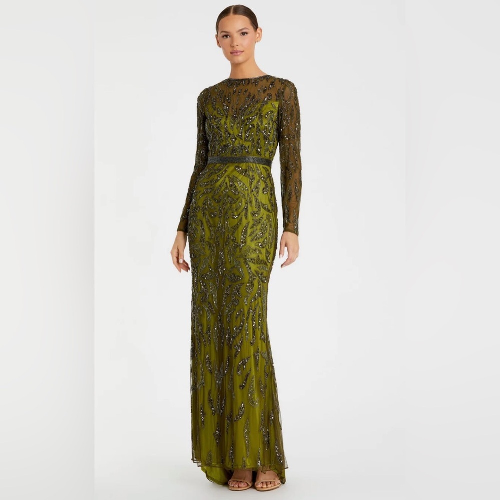 Green Beaded Long Sleeve Evening Gown